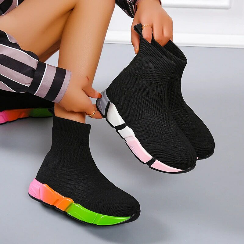 2022ยี่ห้อ Unisex ถุงเท้ารองเท้า Breathable High-Top รองเท้าสตรีรองเท้าแฟชั่นรองเท้าผ้าใบยืดสบายๆ Slip-On ผู้หญิง...