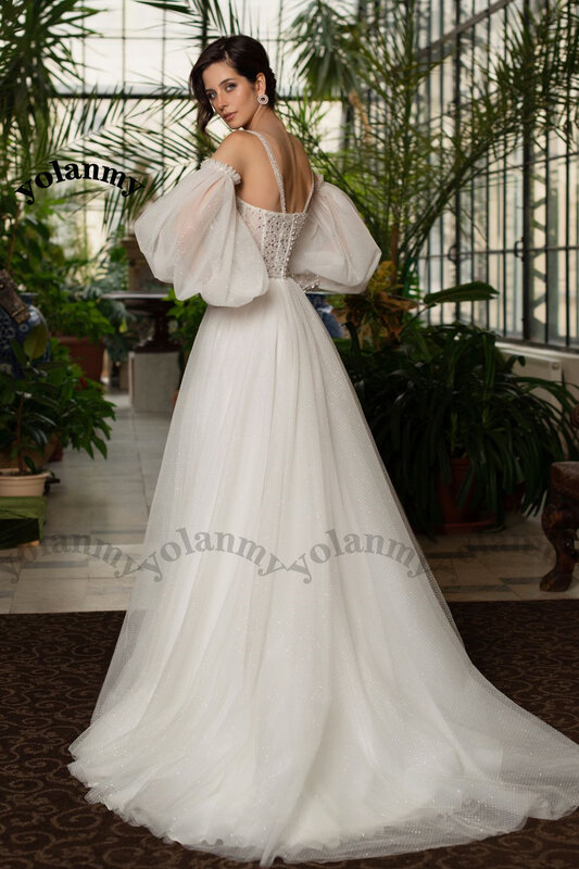 花嫁のための魅力的なウェディングドレス,ナイトクラブ,ホルター,ランタンスリーブ,チュールボタン,真珠付き