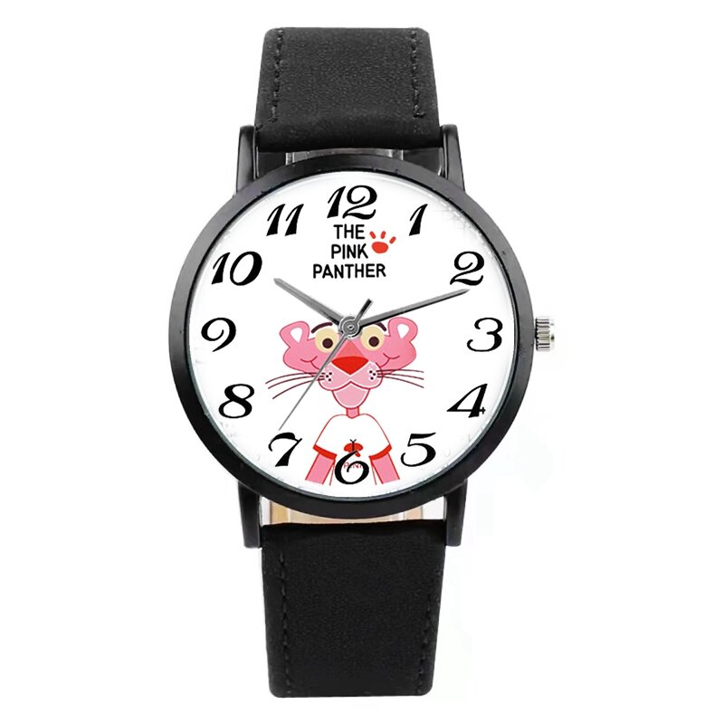 Nowy damski zegarek Cartoon różowy Leopard dziewczyny skórzane zegarki kwarcowe moda prezenty