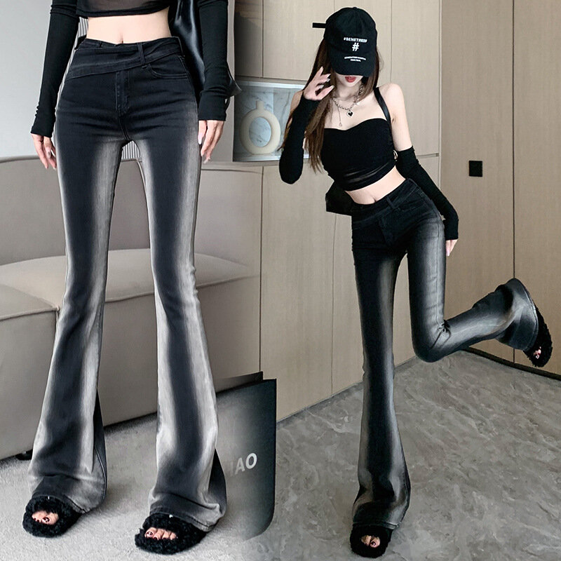 2022 nowy Gradient wysokiej talii Denim Flared spodnie dziewczyny nowa jesień nieregularne talii wysokiej elastyczne Slim Fit dopasowane dżinsy