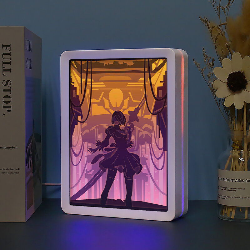3D Led Nachtlampje Nier Automaten Papier Gesneden Anime Lichtbak Usb Kawaii Bureaulamp Slaapkamer Night Lamp Shadow Box decor Kids Gift