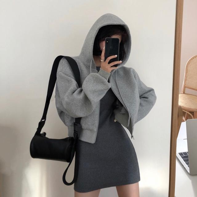 Sudadera con capucha y cremallera para mujer, ropa deportiva de manga larga, abrigo corto holgado coreano, color sólido, a la moda, 2022