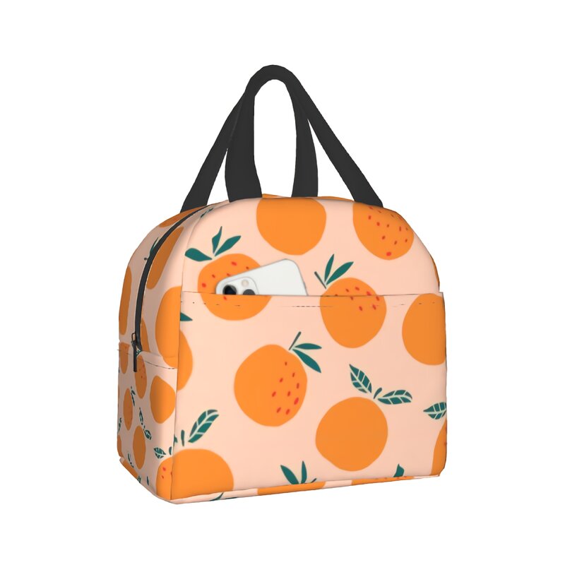 Fiambrera con estampado de naranjas y frutas, bolsa de almuerzo impermeable con aislamiento de hojas de verano, bolso reutilizable con bolsillo frontal para Picnic de oficina
