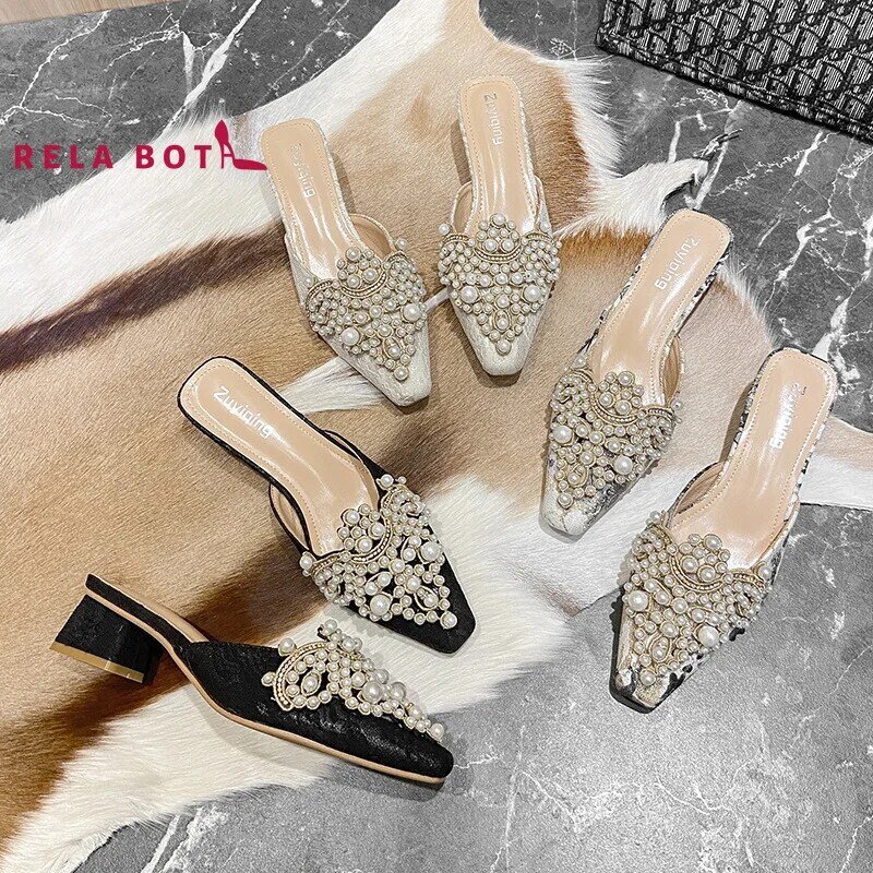 New Chunky Toe Slippers for Fall 2022 Pearl Decoration for Women's Middle Heel Soft Sole Square Microfiber Lace Women High Heel