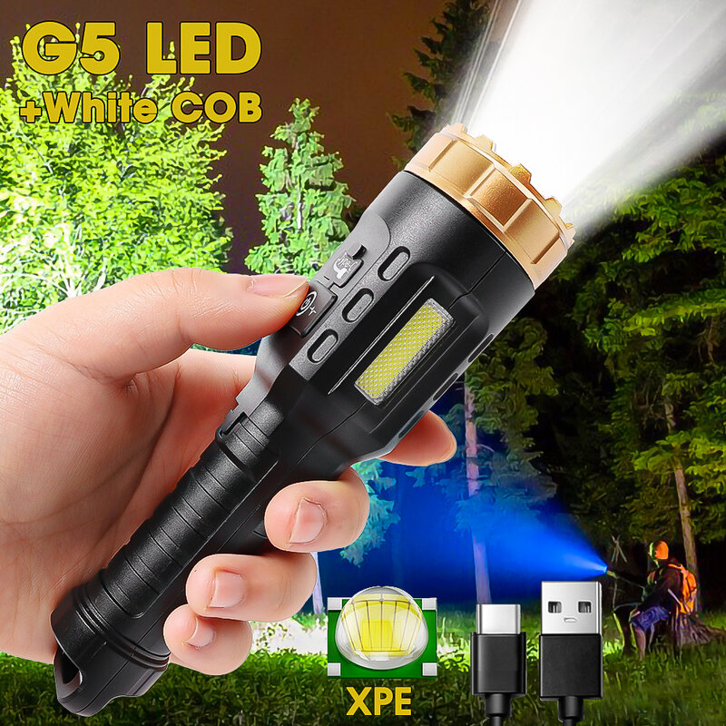 Portable LED Flashlight USB Rechargeable Waterproof Torches Lamp Outdoor Camping Ultra Bright Flashlight Lantern with COB Light