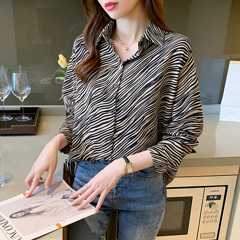 Impressão de leopardo camisa feminina solta hong kong estilo retro camisa de mangas compridas preguiçoso chique elegante superior blusas mujer de moda verano