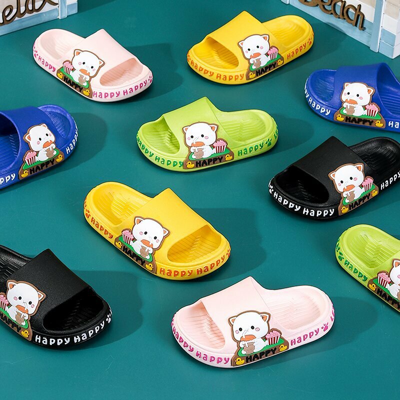 Zapatillas de casa para niños y niñas, chanclas de baño antideslizantes con Gato bonito, sandalias de playa de suela suave