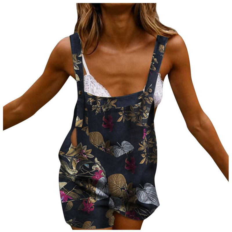 裸の肩,ダンガリーストラップ,リネン,夏の女性のジャンプスーツ