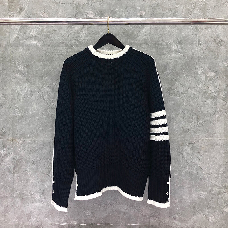 TB THOM Sweaters Same Style For Men And Women 2022 New Slim Round Neck Striped Cotton AutumnThick Winter Casual Coat Sweater