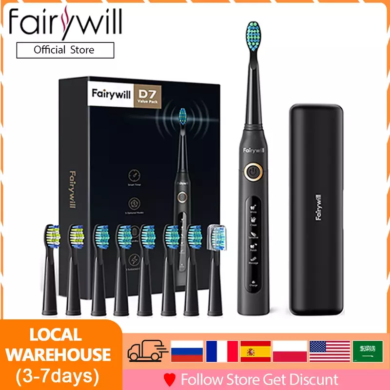 Fairywill – brosse à dents électrique sonique FW507 pour adultes et enfants, 5 Modes, minuterie intelligente Rechargeable, 8 Super brosse à dents blanchissante H, 2022