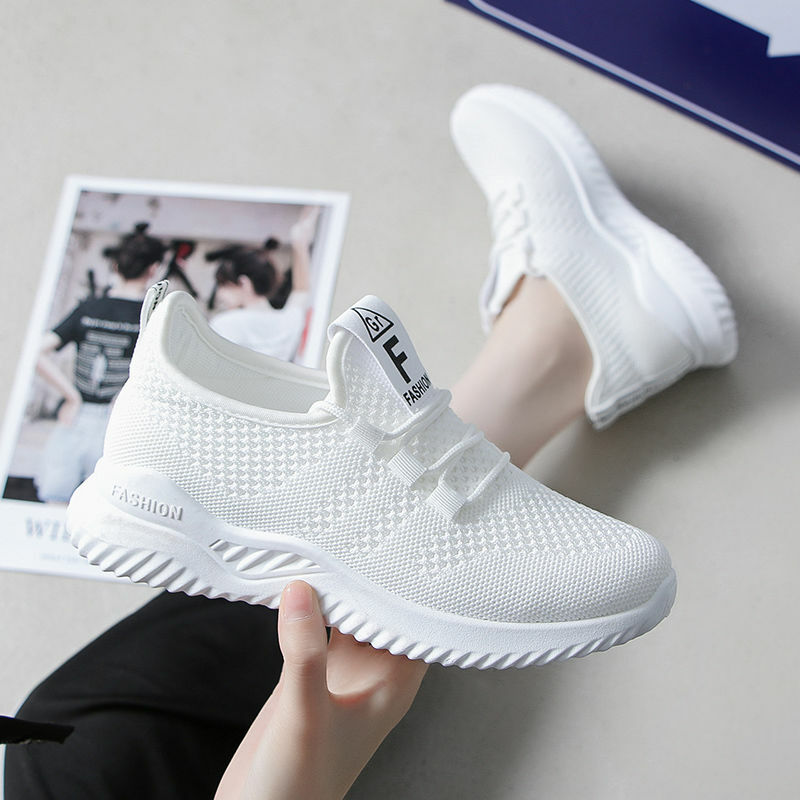 Baskets blanches plates à lacets pour femmes, chaussures de course décontractées, mode coréenne, en maille respirante, printemps été 2021