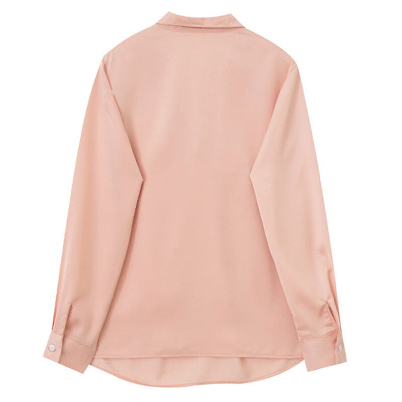 Cetim rosa camisa feminina primavera verão novo design de roupa de negócios com decote em v torção de mangas compridas branco blusa feminina estilo de escritório