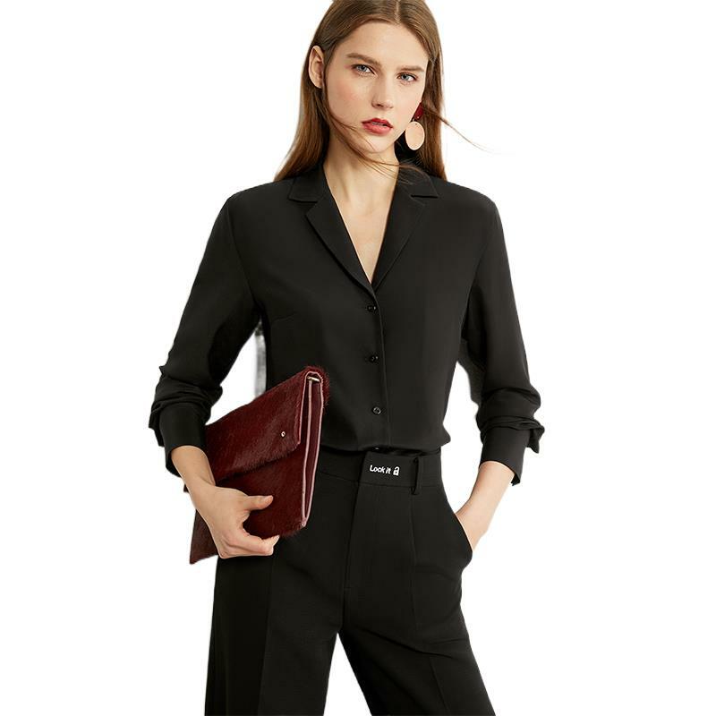 Женская винтажная блузка на пуговицах, однотонная офисная блузка из натурального шелка с V-образным вырезом, в стиле минимализма, осень 100%