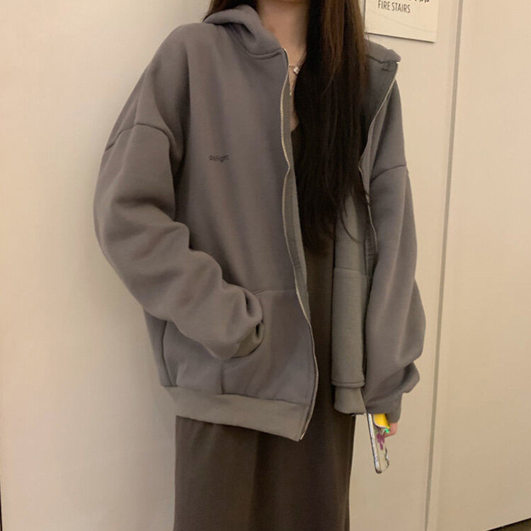 Blusa feminina vintage cor sólida manga comprida com capuz moletom senhora roupas femininas casaco casual zip-up hoodies cardigan 03i