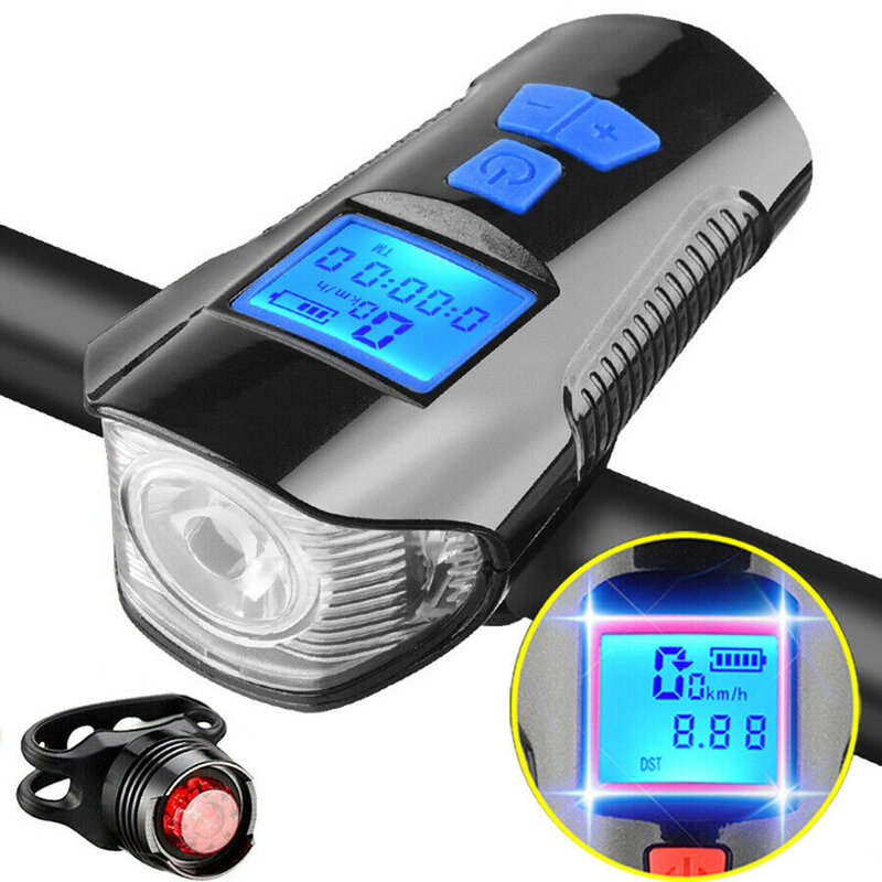 USB Rechargeable Bicycle Headlight Taillight Set With Horn Speedometer Odometer Bike Tail Light Fits All Mountain &Road Bike