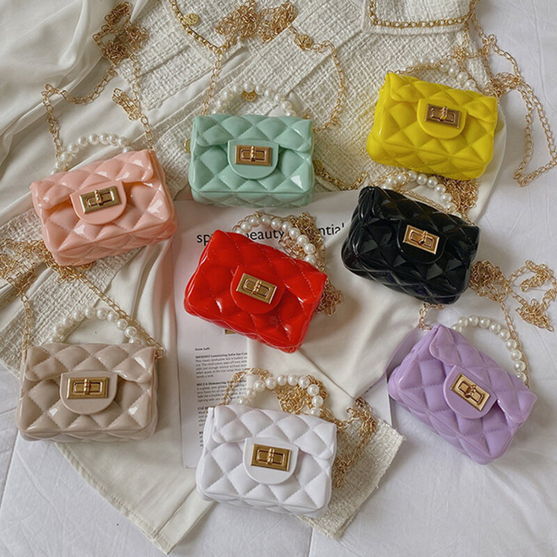 진주 체인 핸들 귀여운 젤리 핸드백 여성용, 다채로운 색상 브랜드 디자인 작은 미니 지갑 걸쇠 크로스 바디 백