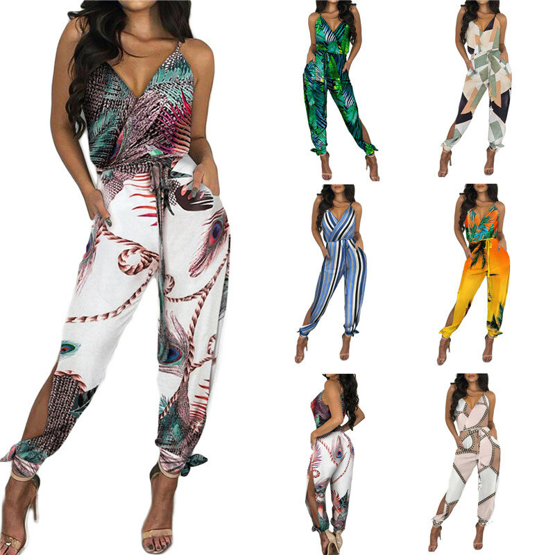 Women Spaghetti Strap Mixed Print Slit Leg Jumpsuit Sexy V-Neck Jumpsuits for Women 2021 Club Outfits Rompers
