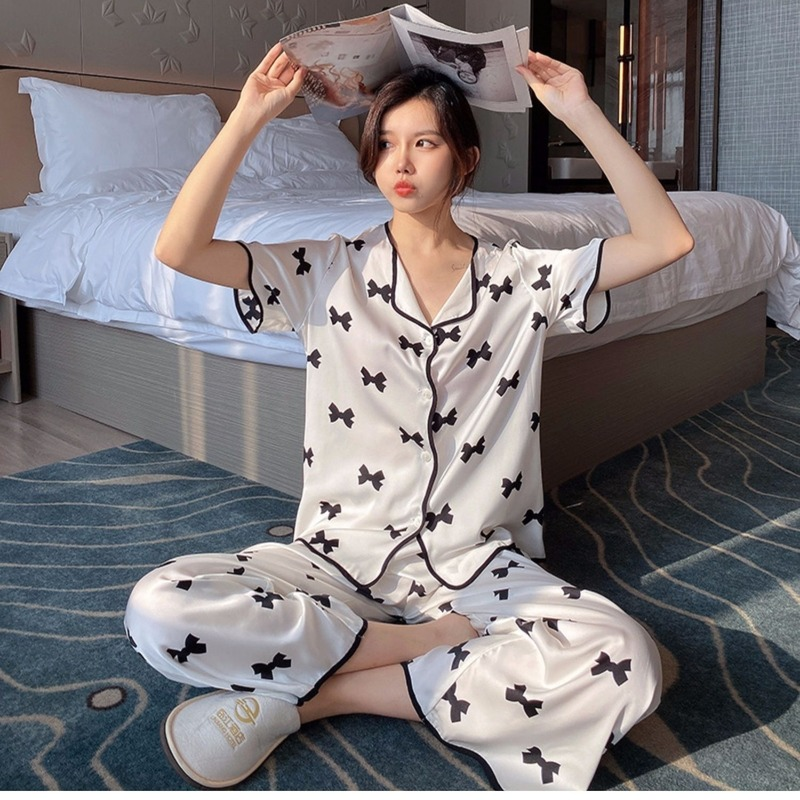 Pijama feminino estampado com laço xej, pijama kawaii, para mulheres, de verão, roupa para dormir, roupa de dormir feminina