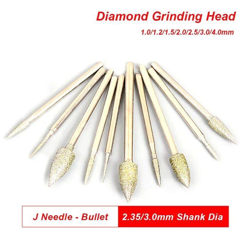 10Pcs J Needle-Bullet Diamond Grinding Head Mounted Point Bit Burr Polishing Abrasive Tools for Stone Jade Peeling Carving 1-6mm
