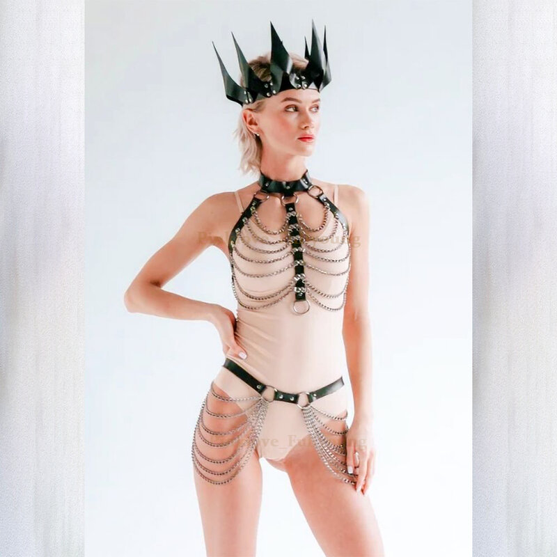 Ikat Kepala Mahkota Vintage Seksi Pakaian Dalam Tali Kulit Perbudakan Leher Wanita Aksesori Rantai Rumbai Sabuk Pinggang Gotik Pesta