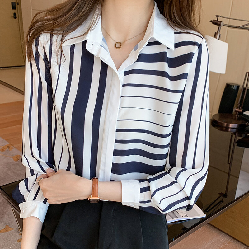 Женская шифоновая рубашка в полоску, с длинным рукавом, свободного покроя