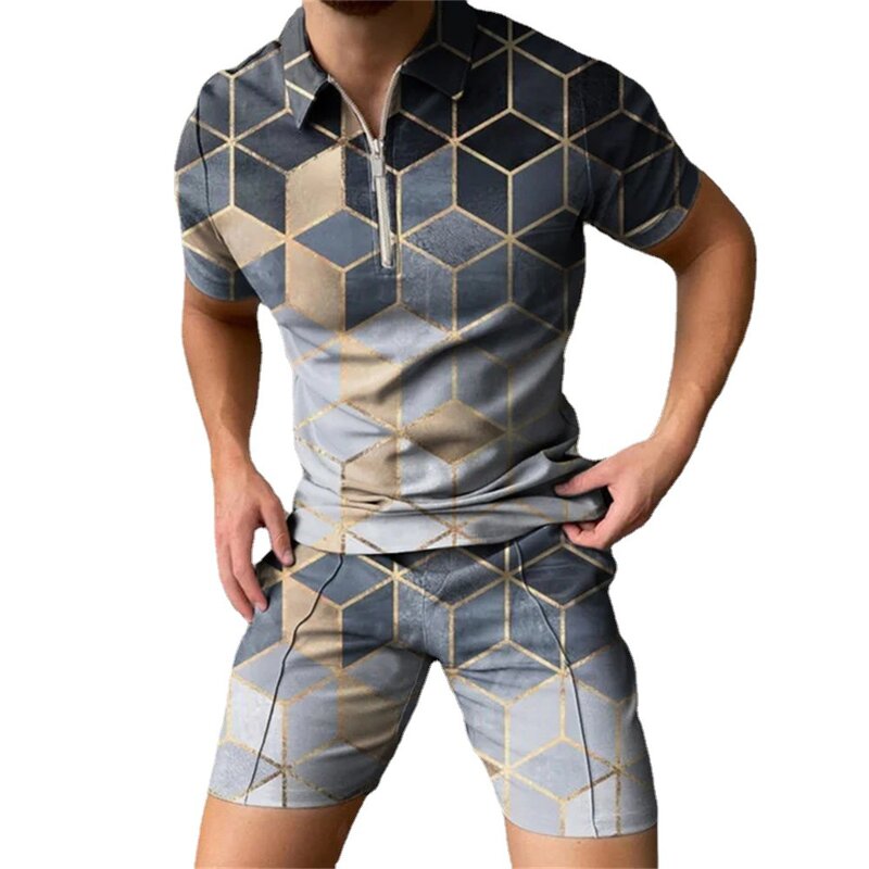 2022 Mannen Trainingspak 3D Print Korte Mouw Rits Polo Shirt & Shorts Set Voor Mannen Casual Streetwear 2-stuk Pak Zomer Oversized