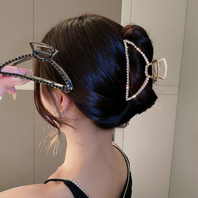 Women Girl Geometric Hair Claw Clamps Metal Hair Crab Clip Rhinestone Moon Shape Solid Color Hairpin Large Size Hair Accessories