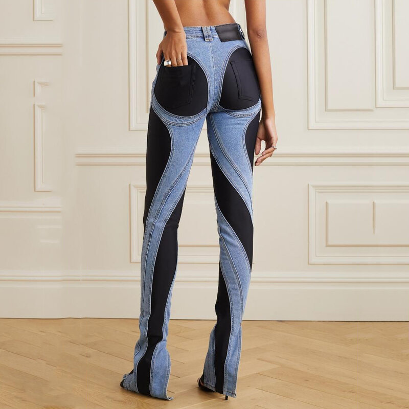 Início do outono novo y2k hem fenda jeans, europeu e americano nicho tendência contraste cor costura cintura alta magro jeans