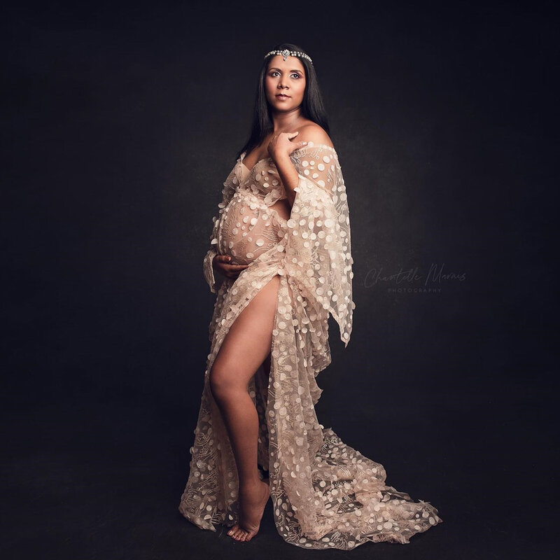 Artystyczna sesja zdjęciowa sukienka ciążowa koronkowy haft płatek 3D cekiny sukienka plażowa elegancka suknia do fotografii ciążowej