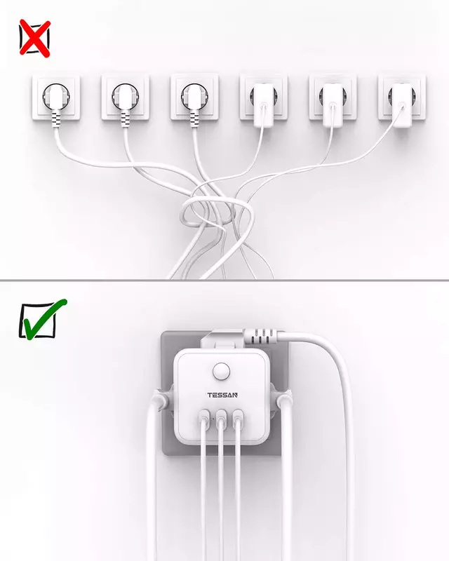 TESSAN White EU Plug Power Adapter with 3 USB Charger Ports 3 AC Outlets and On/Off Switch Cord Overload Protection Multi Socket