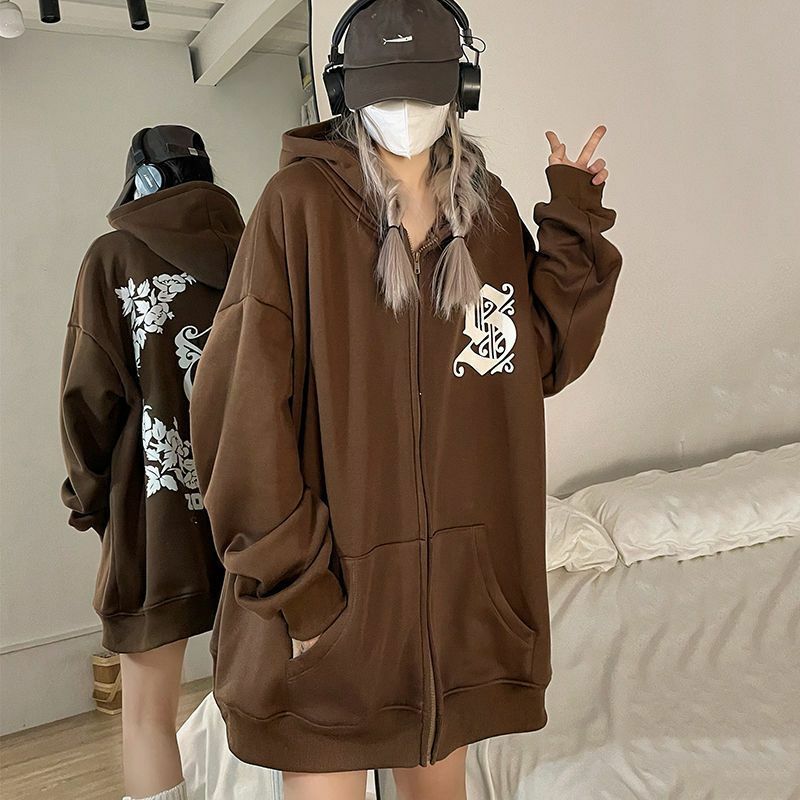 긴 소매 후드 루즈핏 스웨트셔츠 여성용, 갈색 후드 포켓 코트, 한국 패션, 가을 겨울 신상품 y2K
