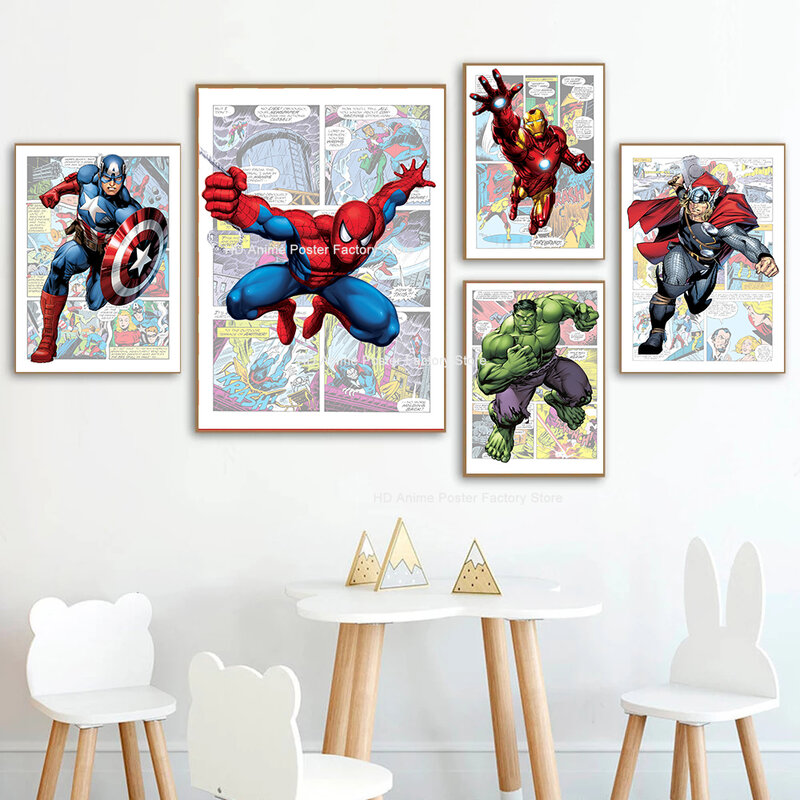Disney Marvel Avengers Poster Spiderman Captain America Hulk Iron Man Canvas Painting Superhero Wall Art Bedroom Home Decor