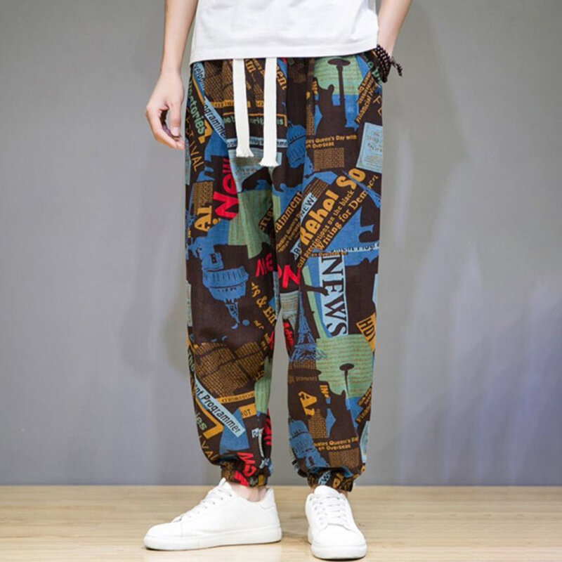 Мужские брюки в китайском стиле, повседневные брюки с широкими штанинами и принтом в уличном стиле, брендовые полукомбинезоны