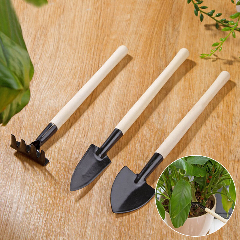 3 pçs mini portátil ferramenta de jardinagem cabeça de metal pá ancinho planta jardim solo levantando flores punho madeira conjunto ferramenta