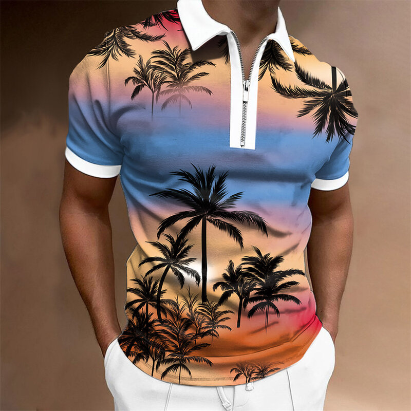 하와이안 반팔 코코넛 나무 프린트 남성용 지퍼 폴로 셔츠, 레저 휴가