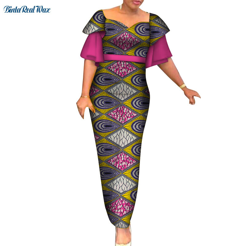 Vestido de estampa africano de ankara longo, vestidos de festa para mulheres com estampa bazin rica wy4766