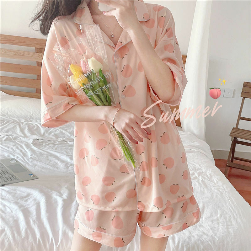 XEJ Pfirsich Pyjamas Frau Sommer Pijama Kawaii Hause Kleidung für Frauen Pyjamas Kurzen Schlafanzug für Frauen Nachtwäsche Frauen Nachthemd