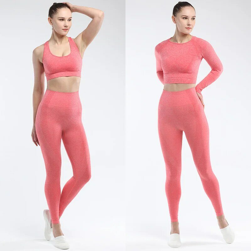 Seamless Yoga Set Women Solid Running Clothes Sportswear Long Sleeve Top Elastic Tight Leggings Female Fitness Shorts Gym Suits