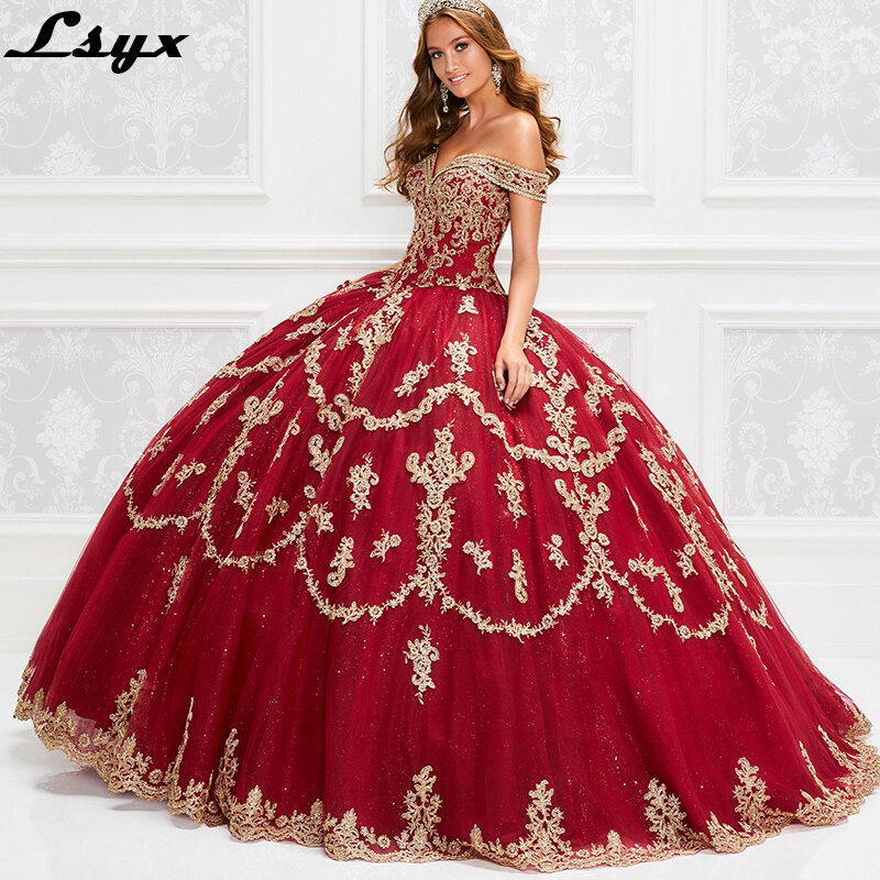 Lsyx borgonha quinceanera vestidos doce 16 vestido de baile 2022 fora do ombro rendas apliques pageant festa princesa laço-up de volta