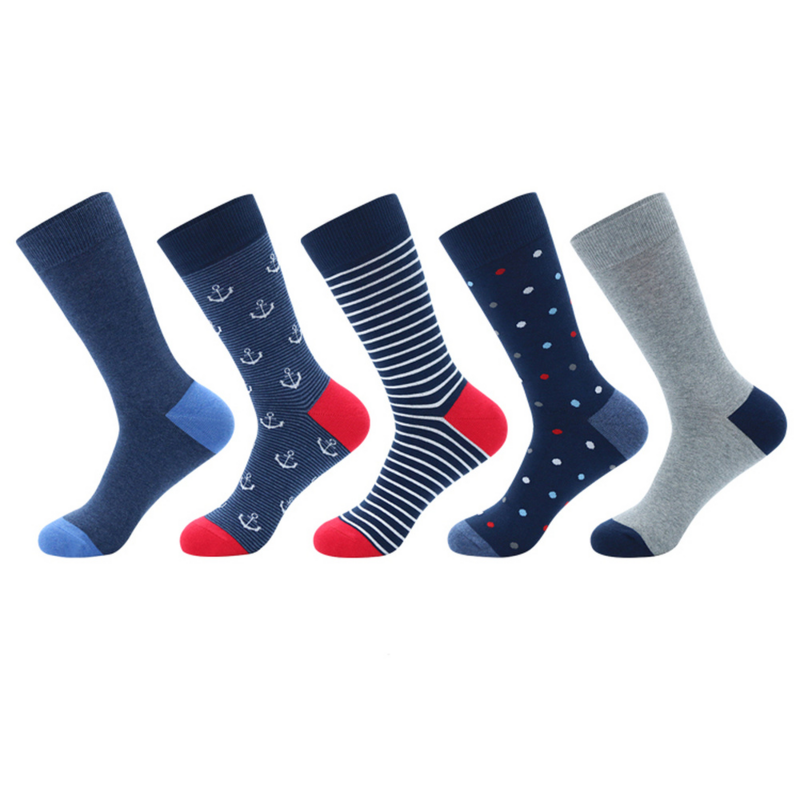 5 Pairs Fashion Colorful Business Men Dress Socks High Quality Stripe Dots Anchor Large Size Men Cotton Socks Size EU41-48