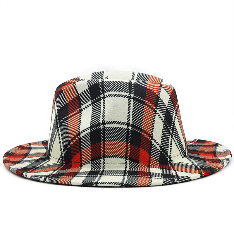 QBHAT-sombrero Fedora De Jazz con estampado a cuadros para Mujer, sombrero De ala ancha elegante, sombrero De boda, iglesia, fondo rojo