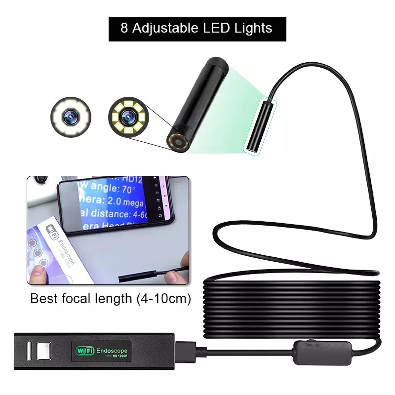 Kamera Endoskop WiFi TOWODE 1200P Kabel Keras 8Mm 8 LEDs Android IOS Control Inspeksi Kamera Mini Tahan Air untuk Mobil Memancing