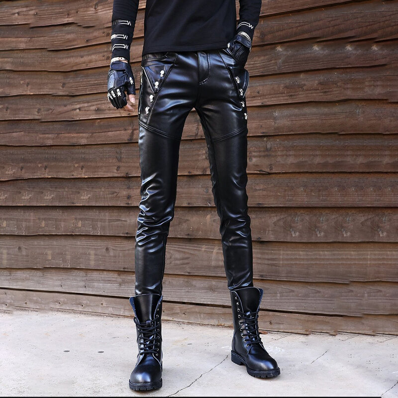 Брюки мужские из искусственной кожи, индивидуальные штаны на молнии, мотоциклетная уличная одежда в стиле панк, брюки в стиле хип-хоп, готический Байкерский облегающий силуэт