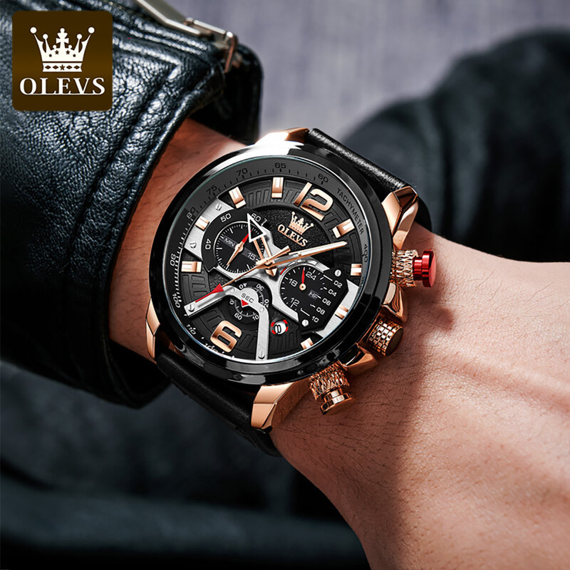 Olevs pulseira de couro genuíno relógios à prova dmultifunctional água para homem multifuncional grande dial estilo quente moda quartzo relógios de pulso