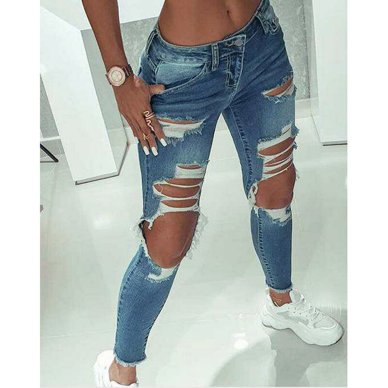2022 nova magro ajuste rasgado lápis calças de cintura alta do vintage streetwear casual moda azul estiramento jeans mulher