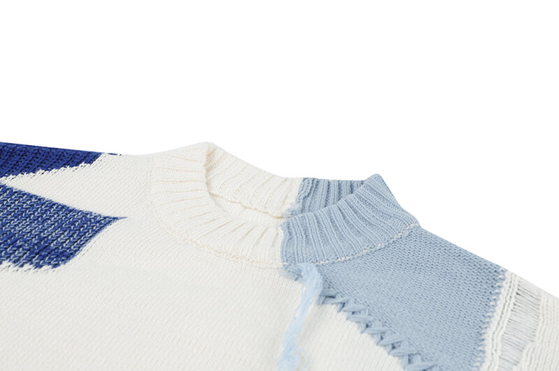 2022  Korean Women's Sweater Tassel Trendy Cropped Contrast Color Spliced Retro Rib  Knitwear Knitted Top Patchwork
