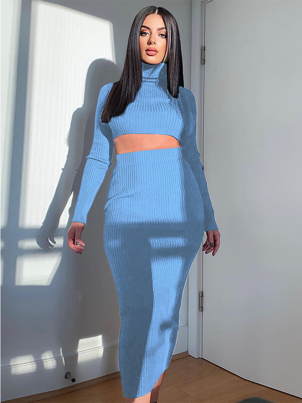 Women Dress Suits Vintage Turtleneck Long Sleeve Sweater and Stretchy Skinny Long Skirt Fall Winter Ribbed 2 Piece Matching Sets
