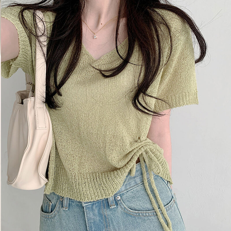 Damski koreański różowy sweter z dzianiny V Neck sznurkiem z krótkim rękawem Casual prostota Vintage Fashion Baggy bluzki damskie lato