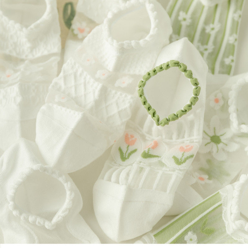 Calcetines de seda de cristal con flores para mujer, medias invisibles de boca poco profunda, estilo japonés