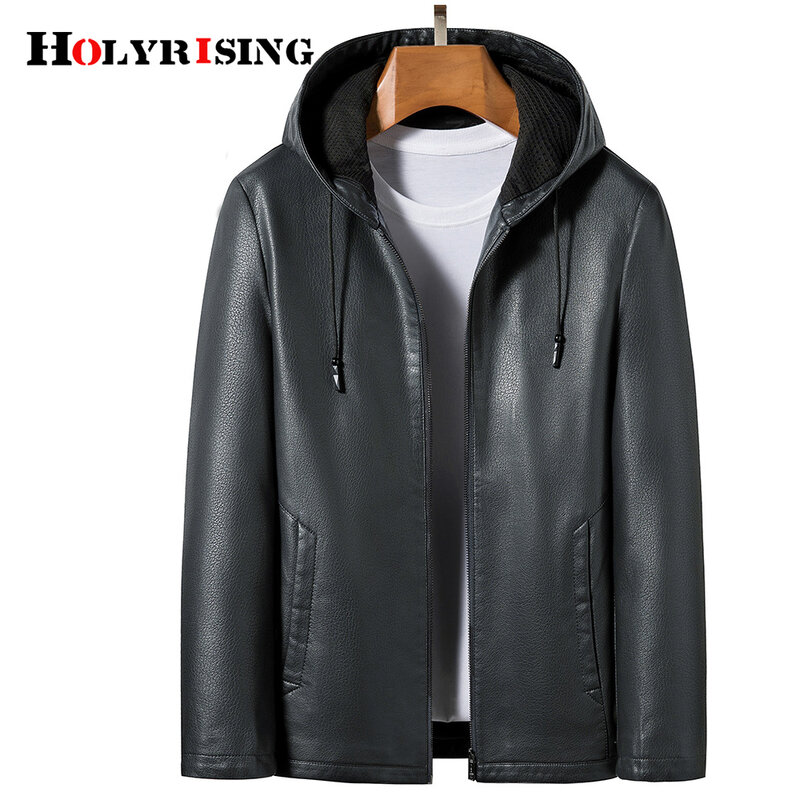 Holyrising homens com capuz casaco de couro do plutônio motocicleta motociclista falso jaqueta de couro masculino clássico inverno macio negócio casual casaco nz228